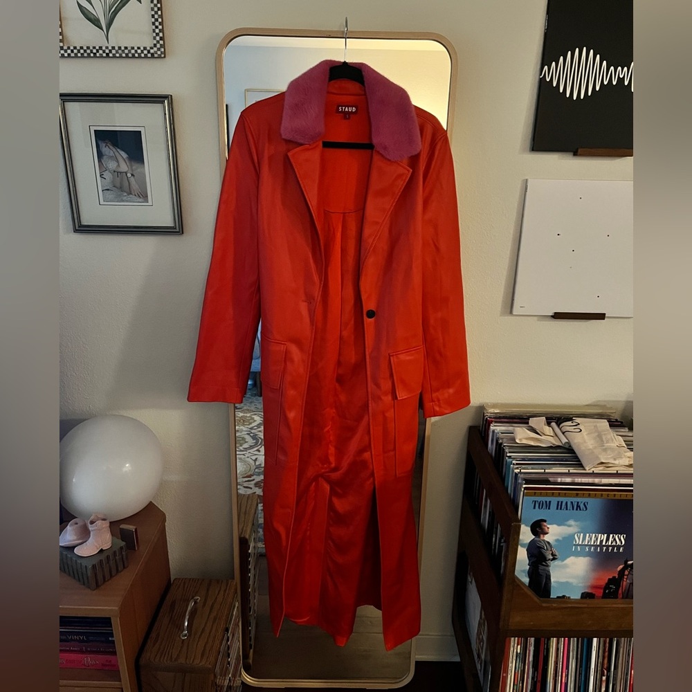 NWOT STAUD Ashley Red Trench Coat with Pink Collar - Picture 2 of 7